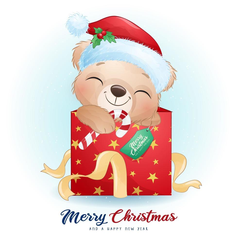 Cute doodle bear for christmas day with watercolor illustration vector