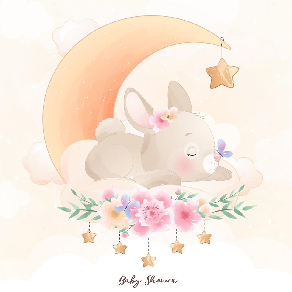 lindo conejito doodle con ilustración floral vector