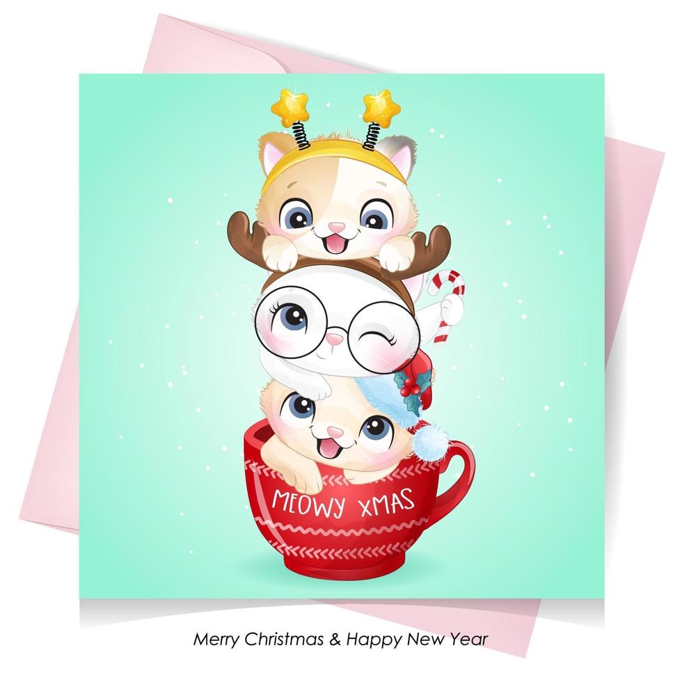 Cute doodle kitty for christmas day with watercolor illustration vector