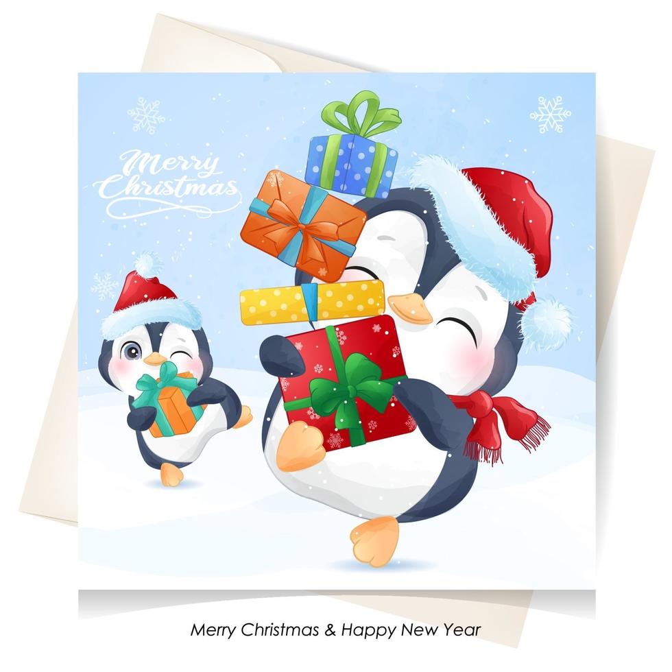 lindo pingüino doodle para navidad con ilustración acuarela vector