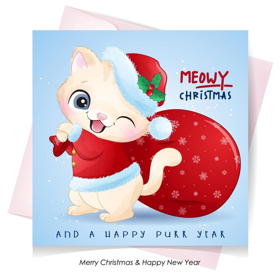 Cute doodle kitty for christmas day with watercolor illustration vector