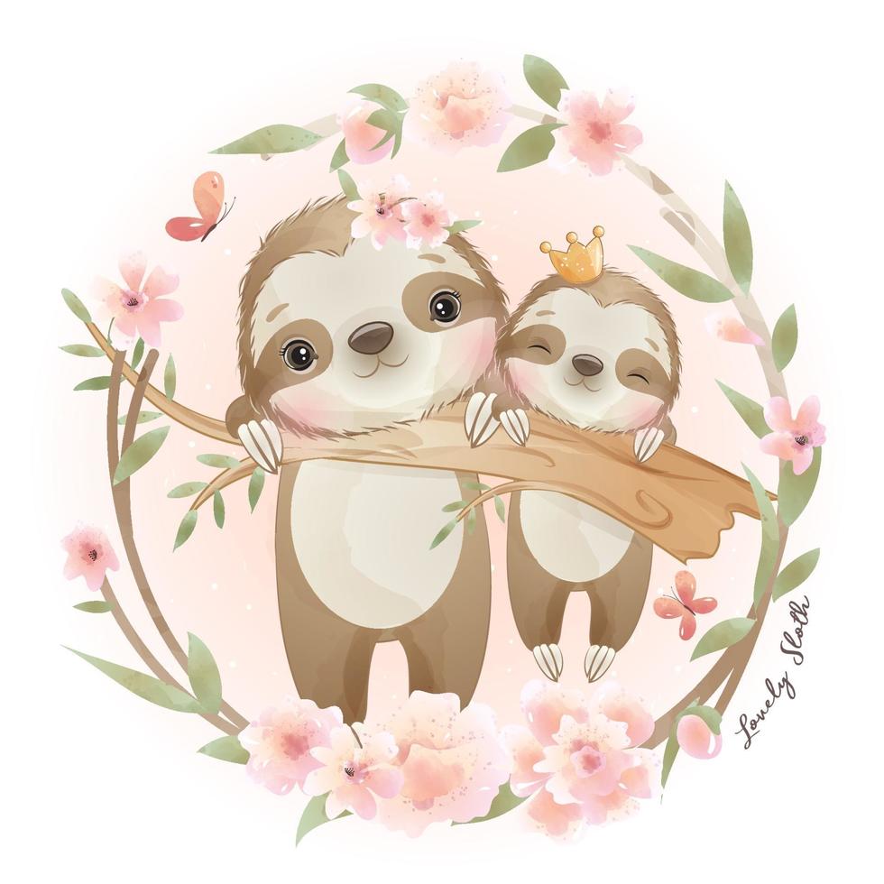Cute doodle sloth with floral illustration vector