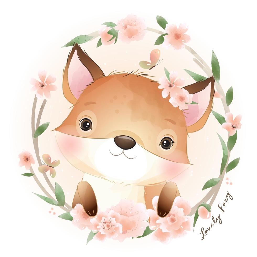 Cute doodle foxy with floral illustration vector