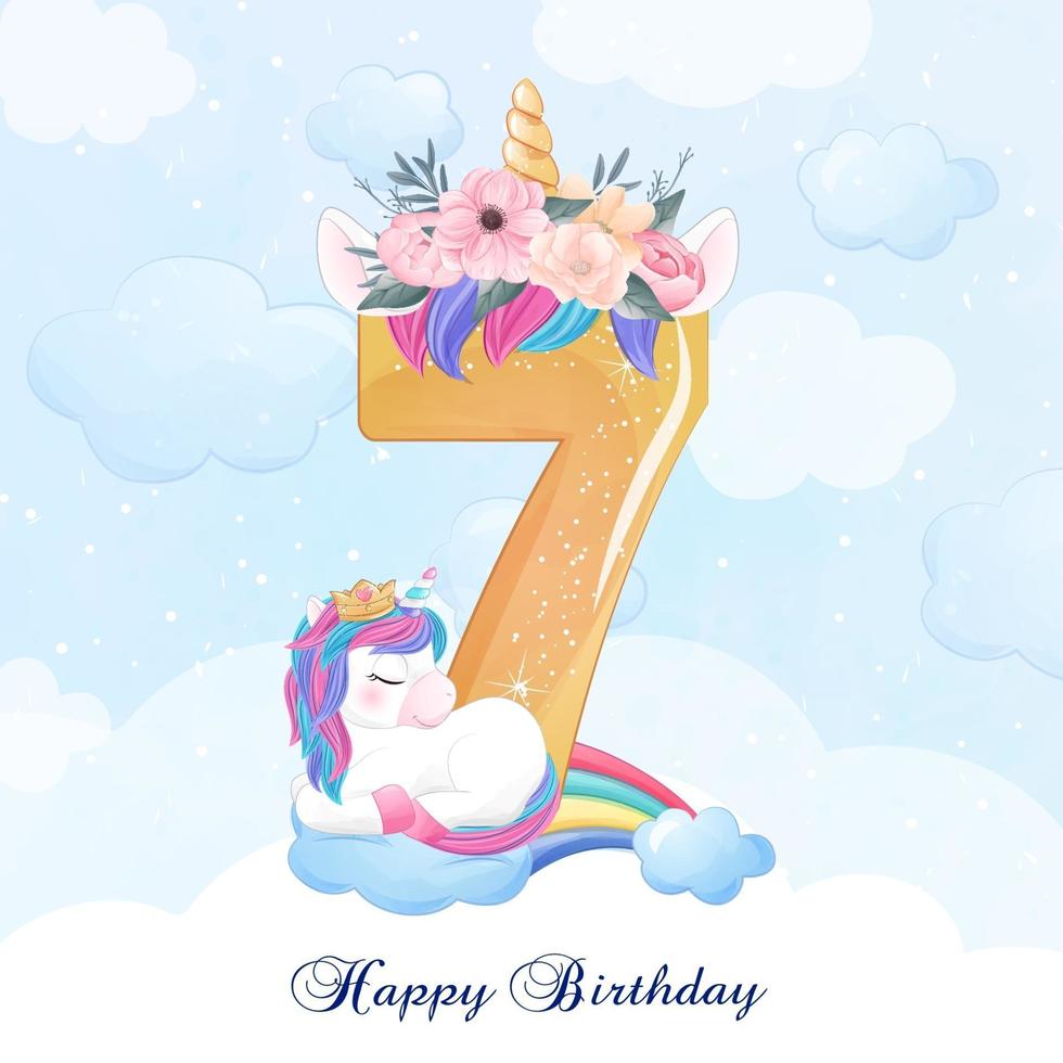 lindo unicornio doodle con ilustración de numeración vector