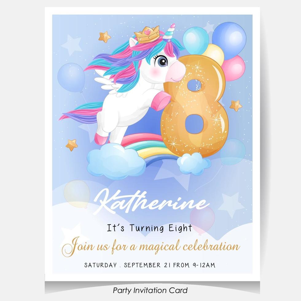 Cute doodle unicorn birthday party invitation card illustration vector