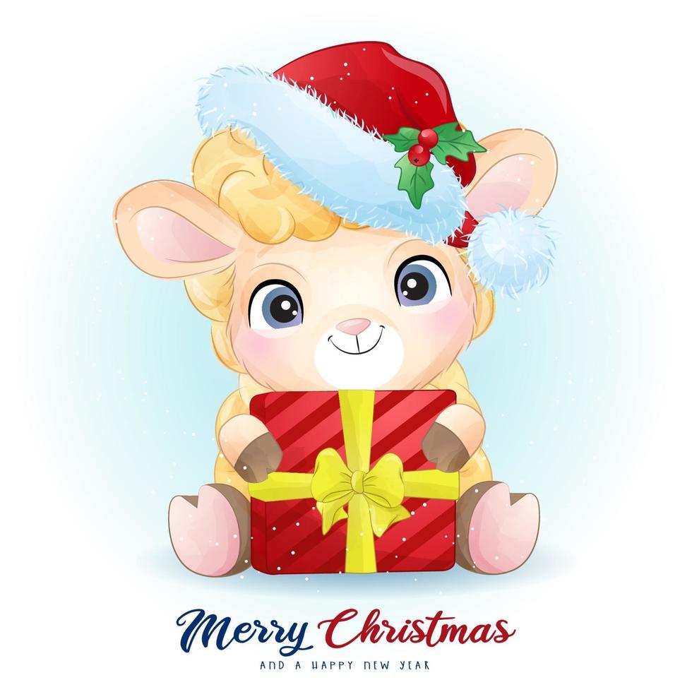 Cute doodle sheep for christmas day with watercolor illustration vector
