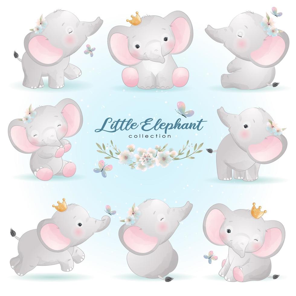 Cute doodle elephant poses with floral illustration vector