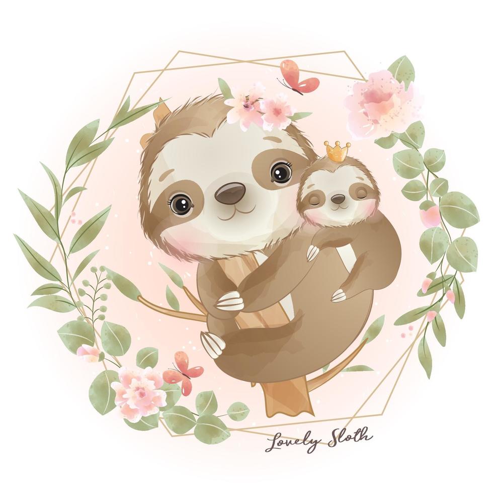 Cute doodle sloth with floral illustration vector