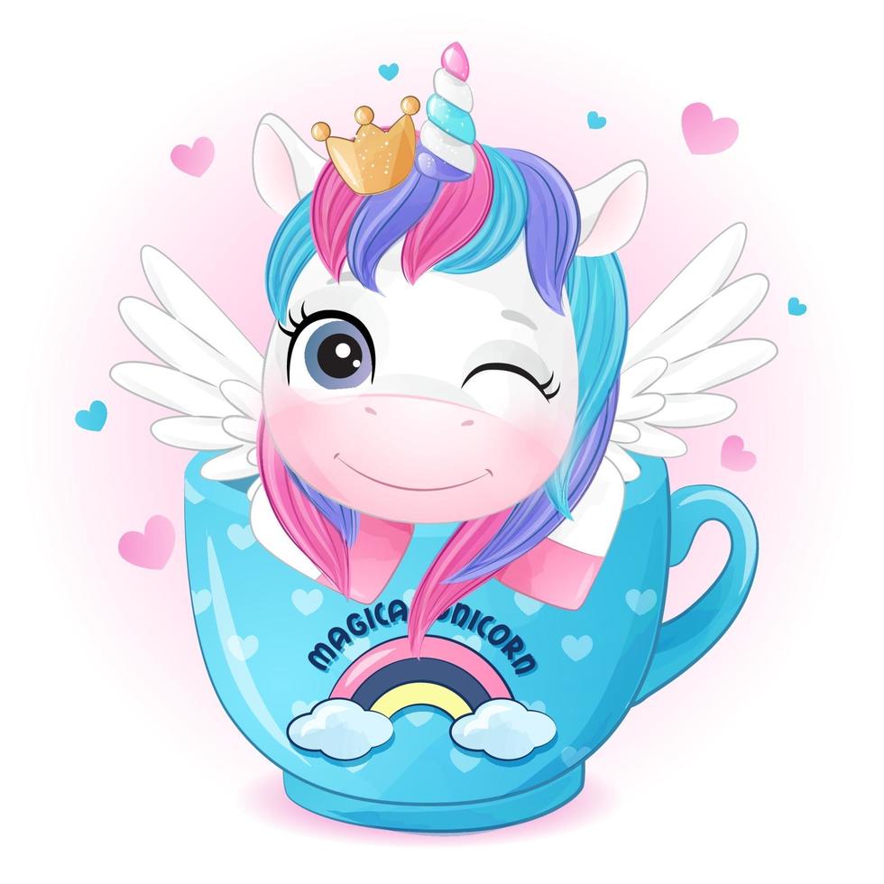 lindo unicornio doodle con ilustración acuarela vector