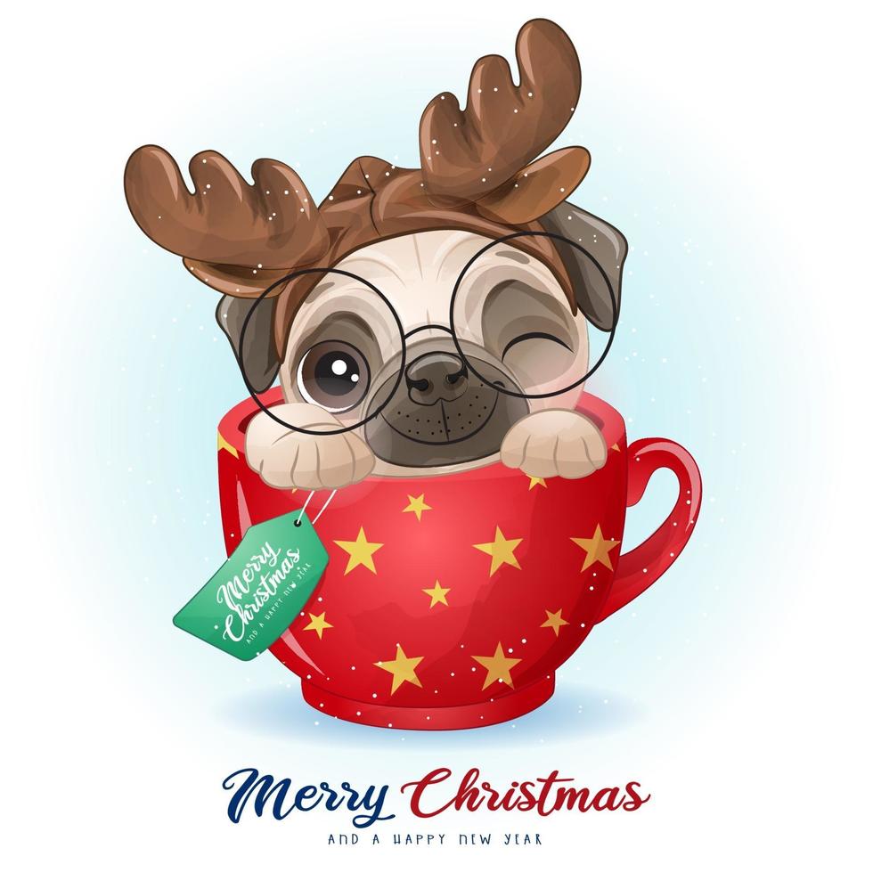 lindo pug doodle para el día de navidad con ilustración de acuarela vector