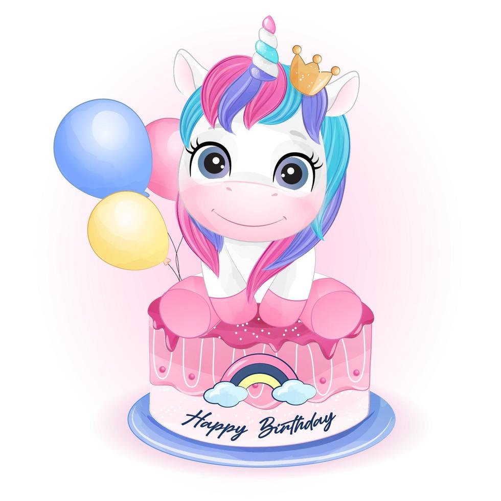 Cute doodle unicorn for birthday with watercolor illustration vector