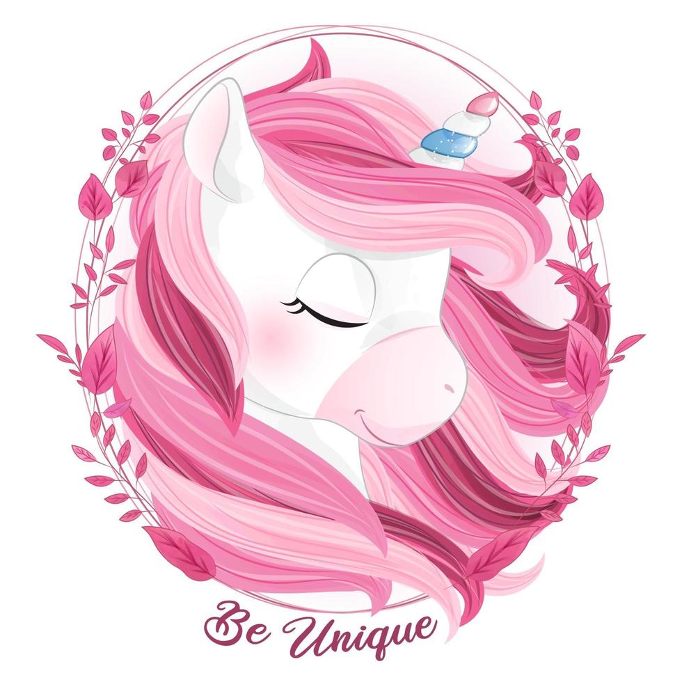 lindo unicornio doodle con ilustración acuarela vector