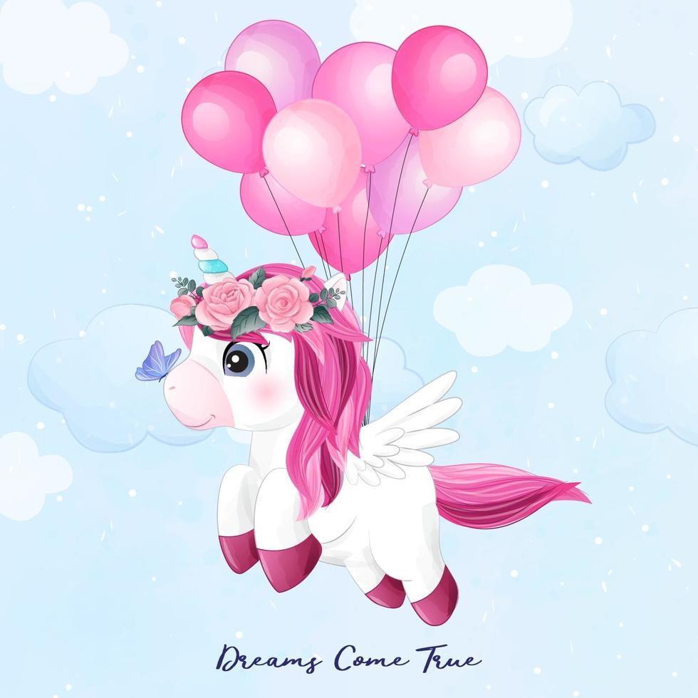 Cute doodle unicorn flying with balloon illustration vector