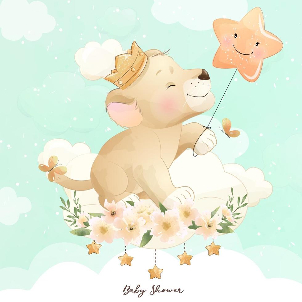 Cute doodle lion with floral illustration vector