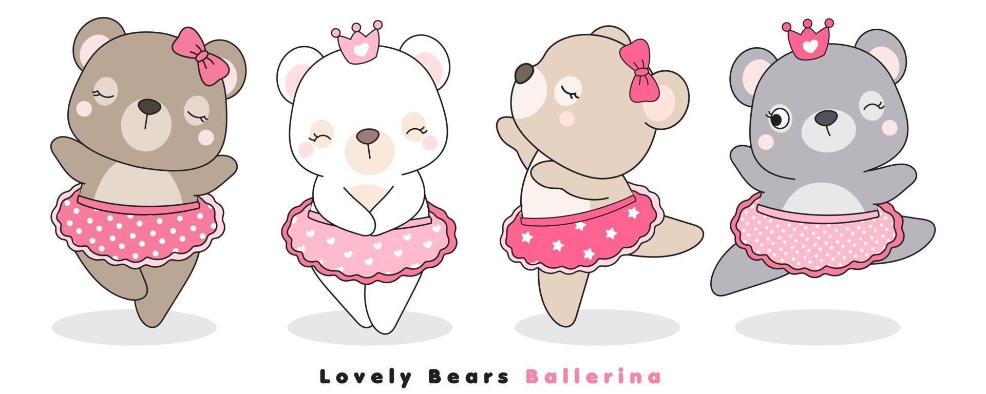 Cute doodle bears ballerina illustration vector