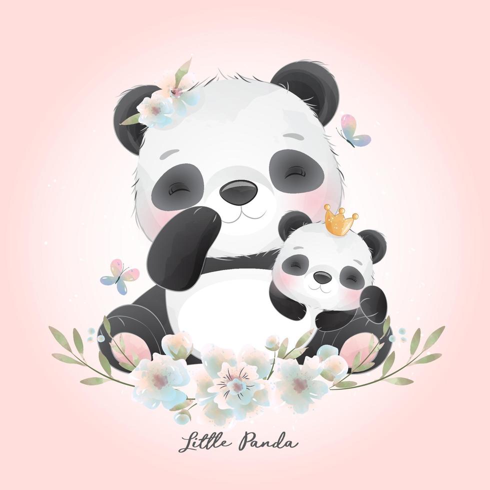Cute Doodle Panda With Floral Illustration Vector Art At Vecteezy
