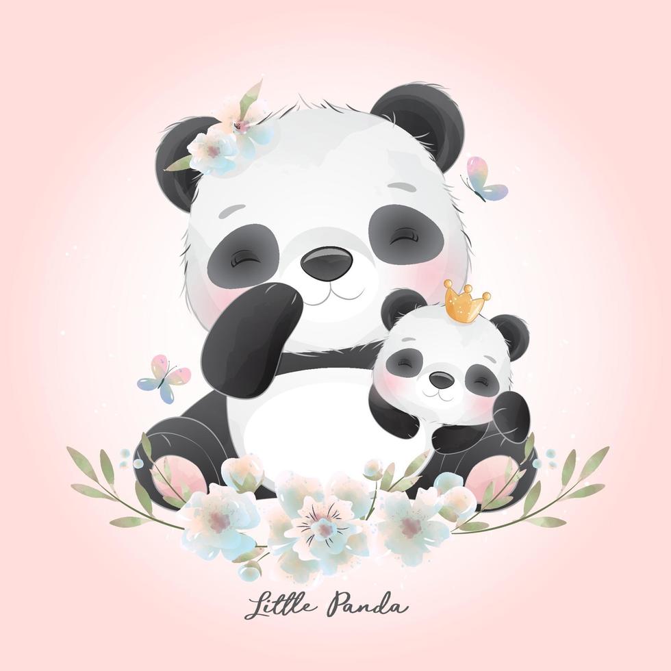 lindo panda doodle con ilustración floral vector