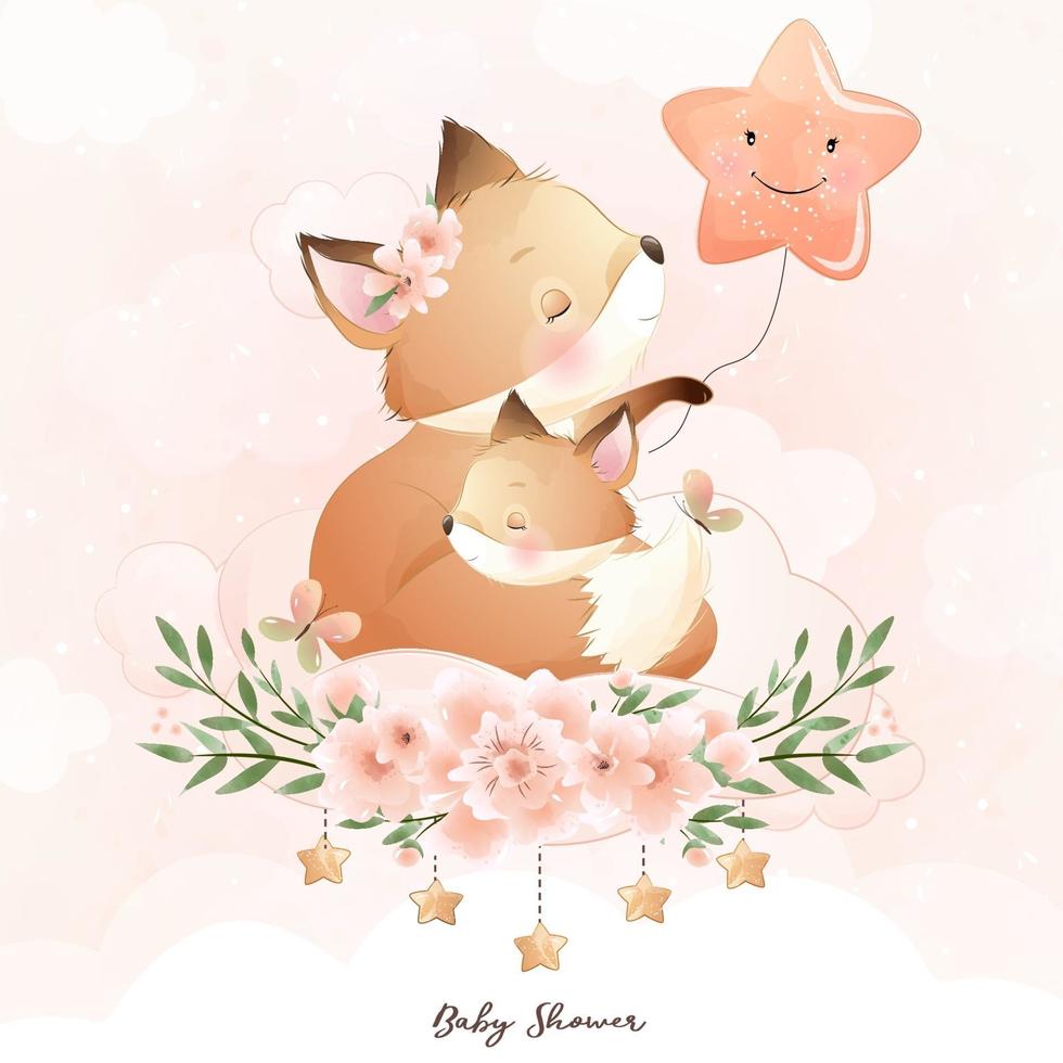 Cute doodle foxy with floral illustration vector