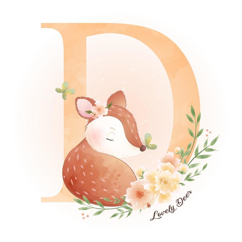 Cute doodle deer with floral illustration vector
