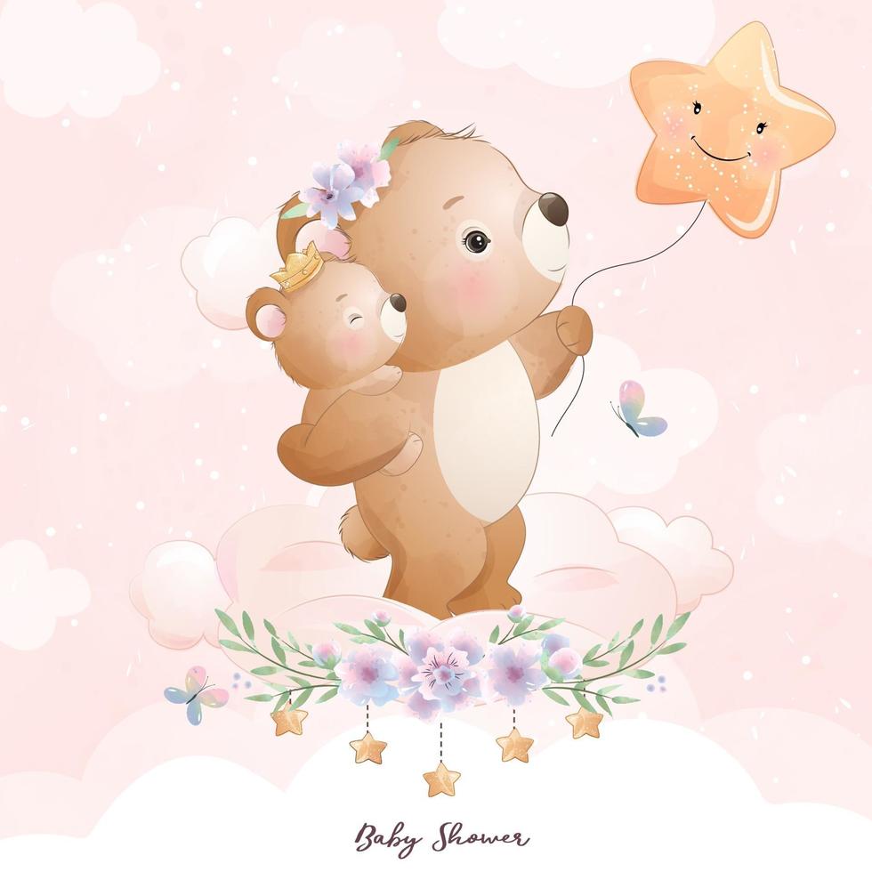 Cute doodle bear with floral illustration vector