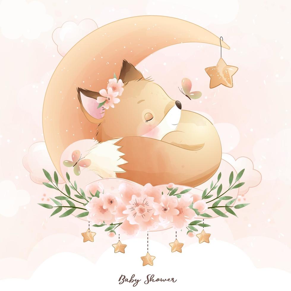 lindo doodle foxy con ilustración floral vector