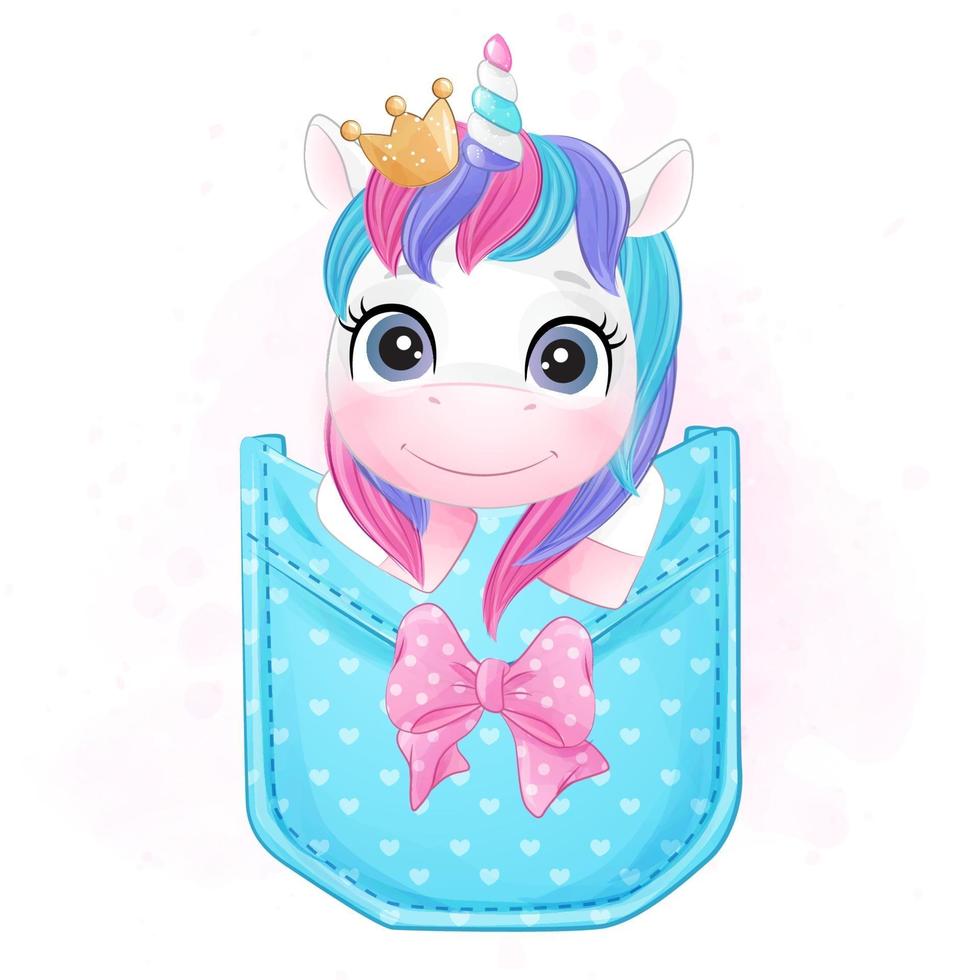 lindo unicornio doodle con ilustración acuarela vector