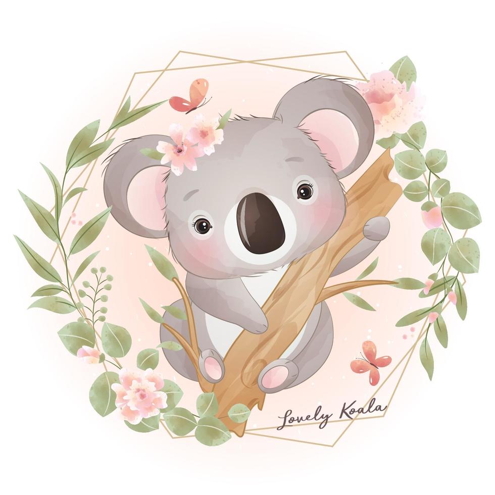 lindo oso koala doodle con ilustración floral vector