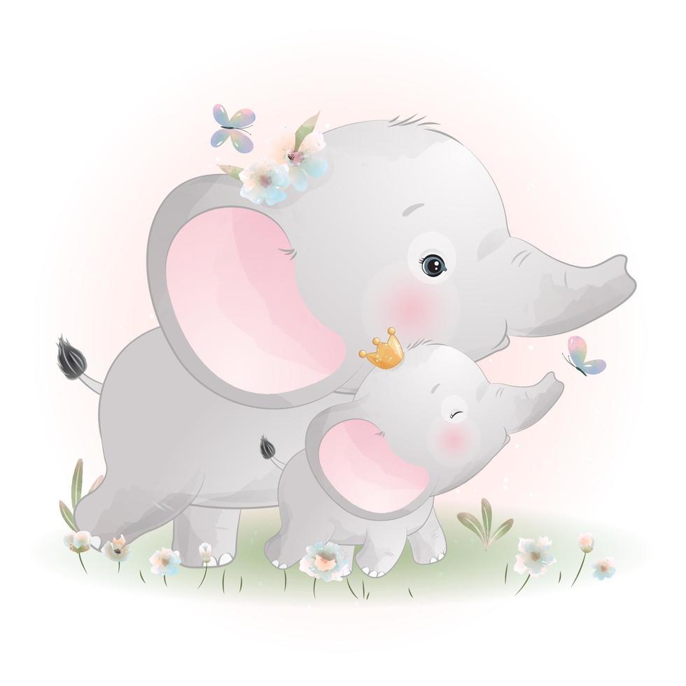 Cute doodle elephant with floral illustration vector