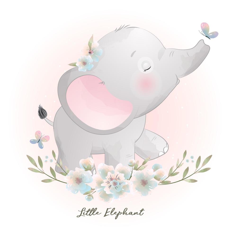 Cute doodle elephant with floral illustration vector