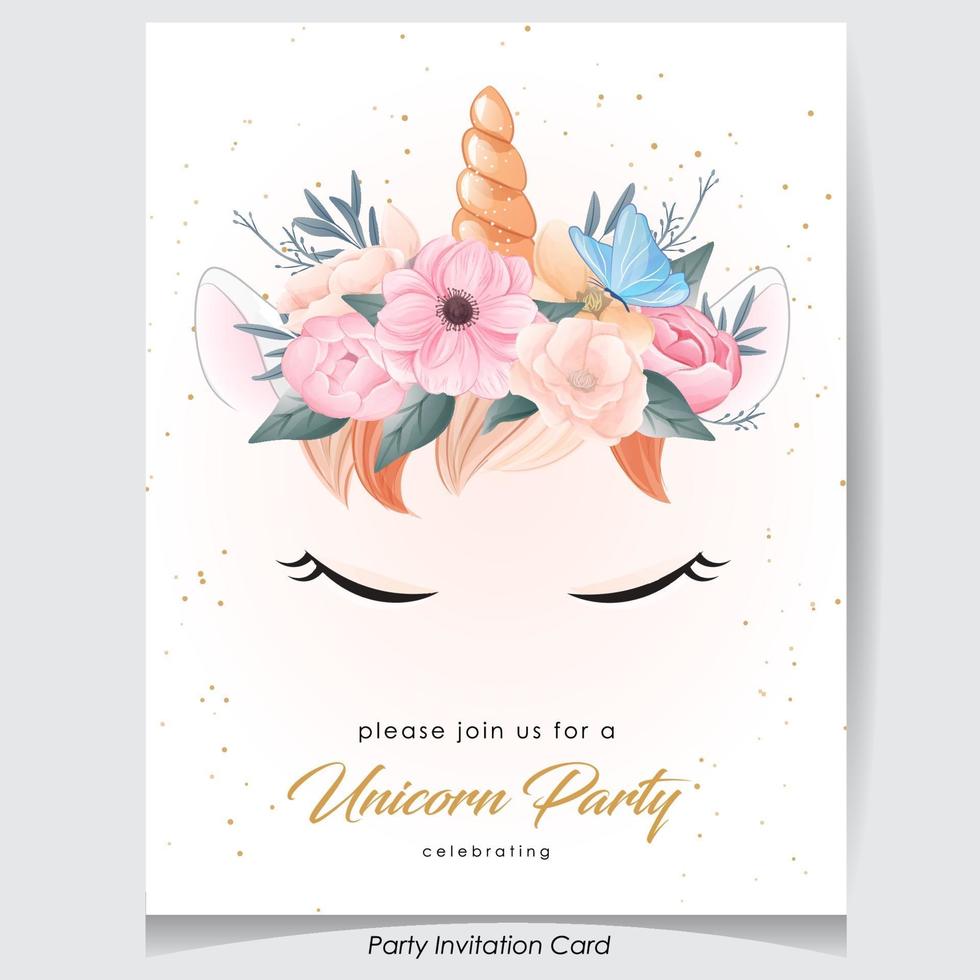 Cute doodle unicorn with flower invitation card vector