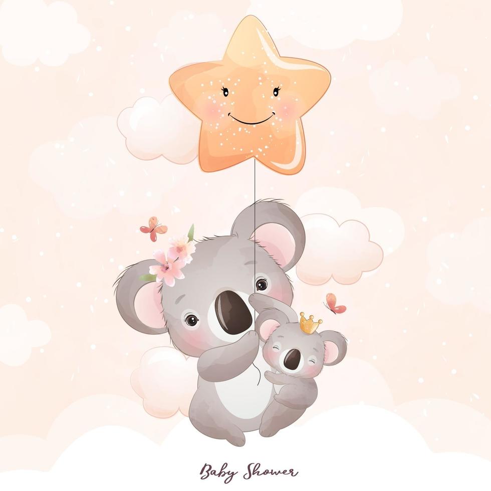 Cute doodle koala bear with floral illustration vector