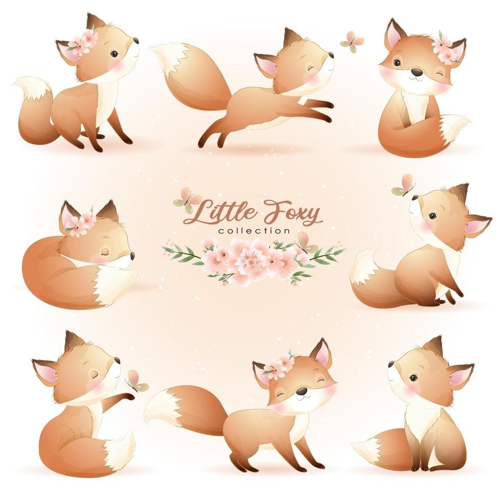 Cute doodle foxy poses with floral illustration vector