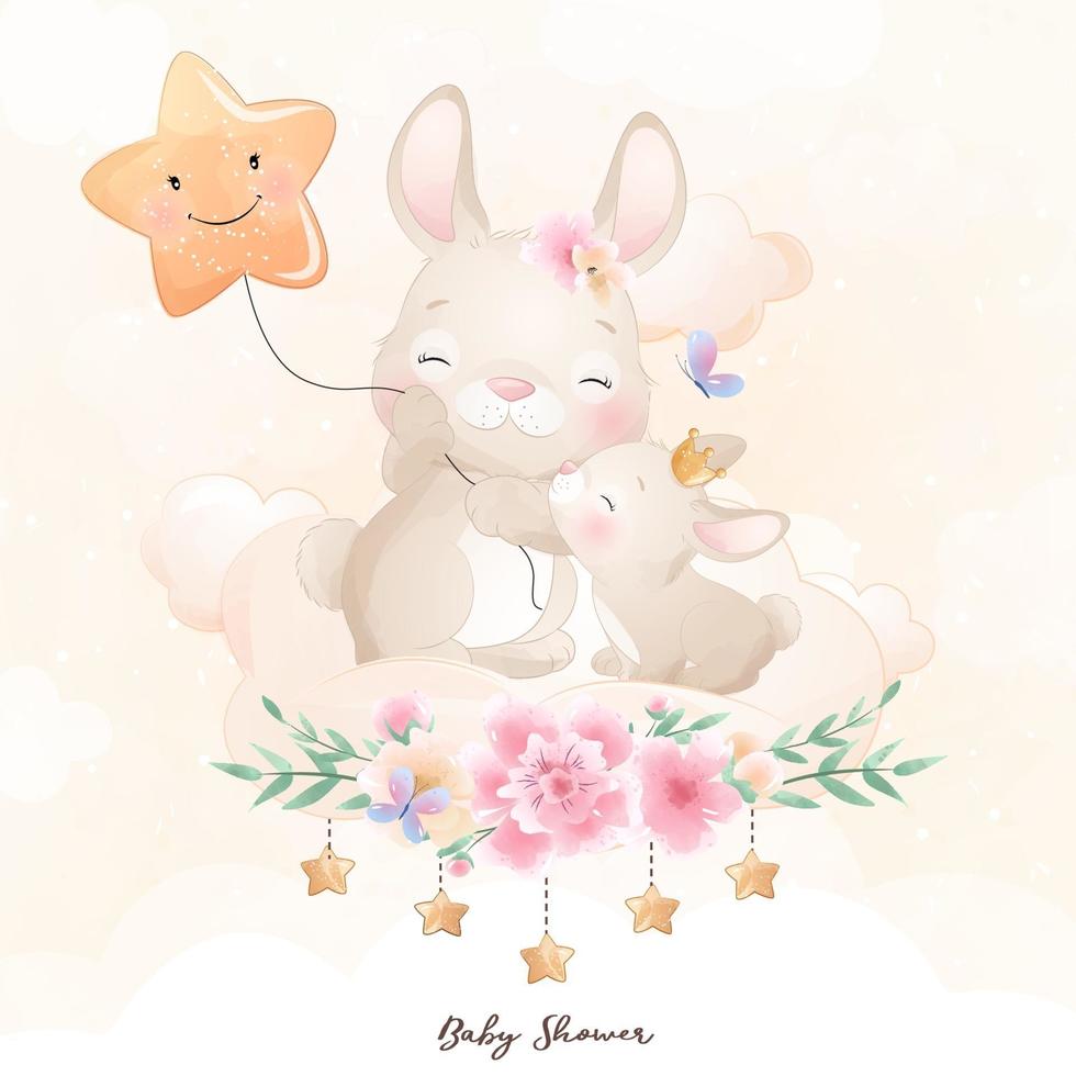 Cute doodle bunny with floral illustration vector