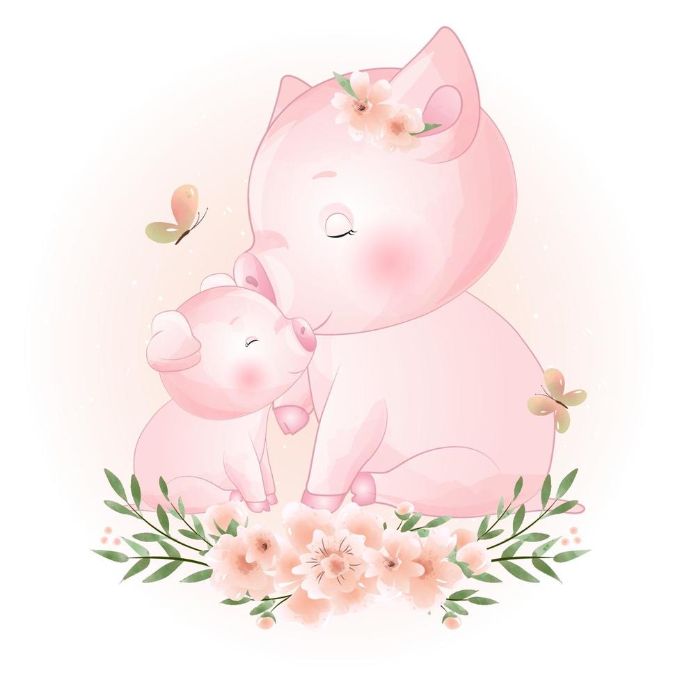 Cute doodle piggy with floral illustration vector