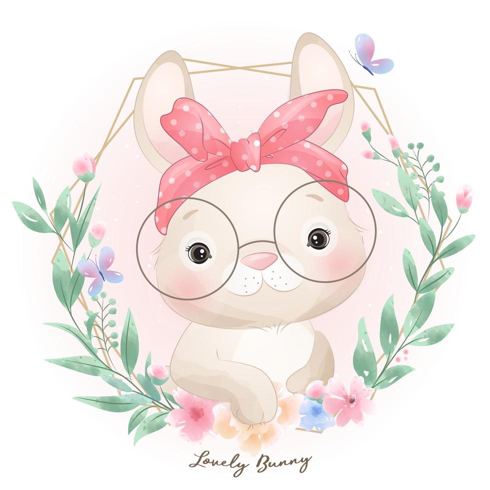 Cute doodle bunny with floral illustration vector