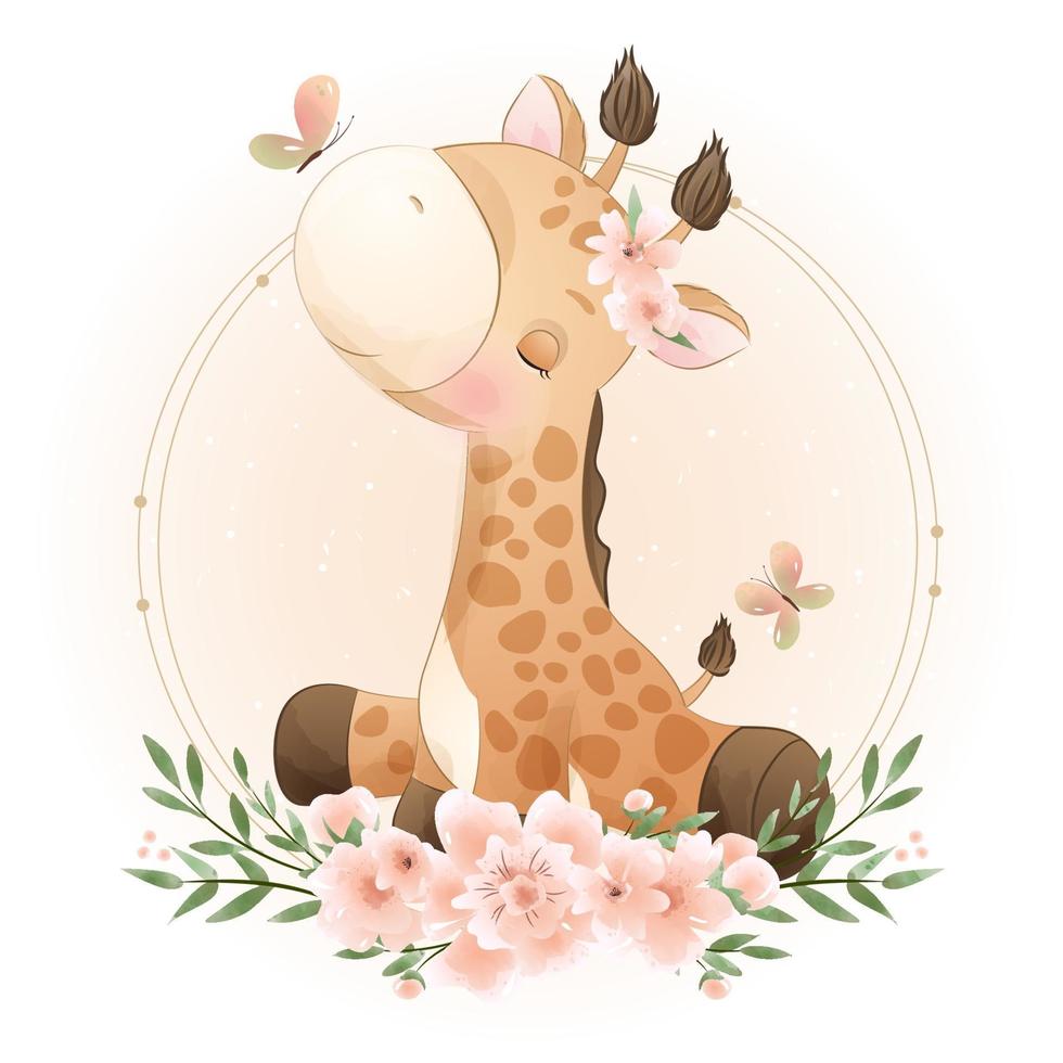 Cute doodle giraffe with floral illustration vector