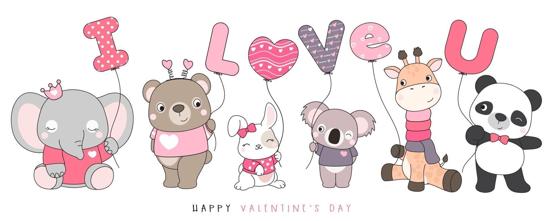 Cute funny doodle animals for valentines day illustration vector