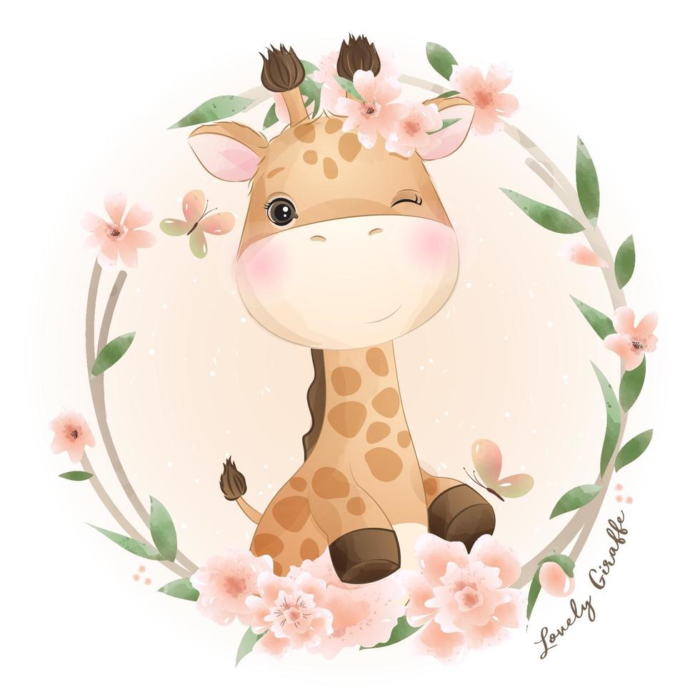 Cute doodle giraffe with floral illustration vector