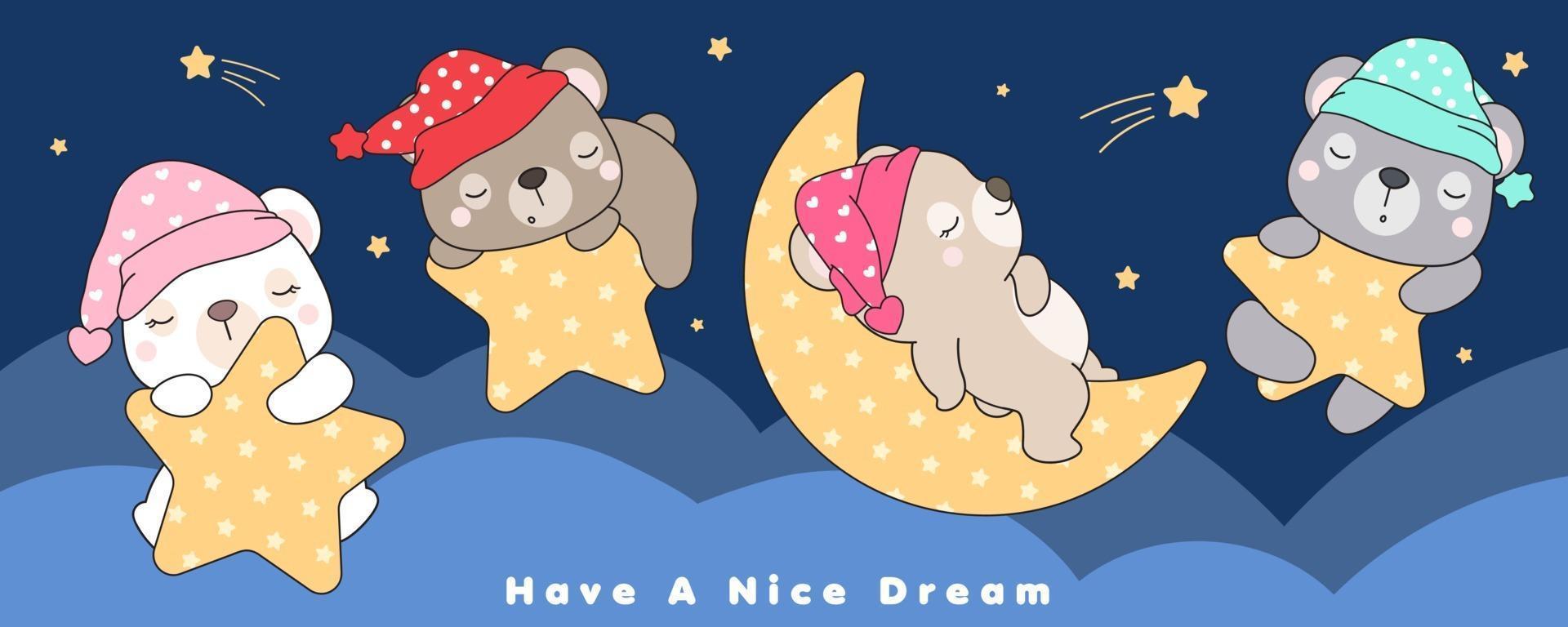 Cute doodle bears sleeping in the star and moon illustration vector