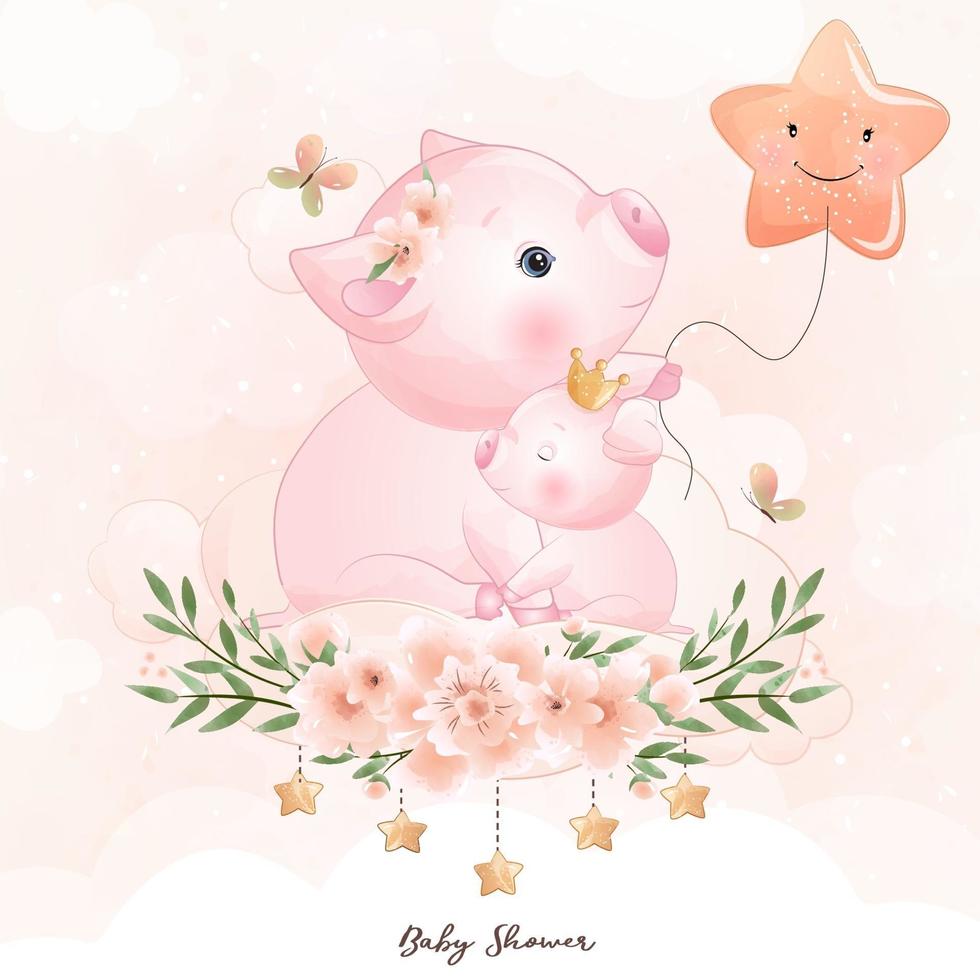 Cute doodle piggy with floral illustration vector