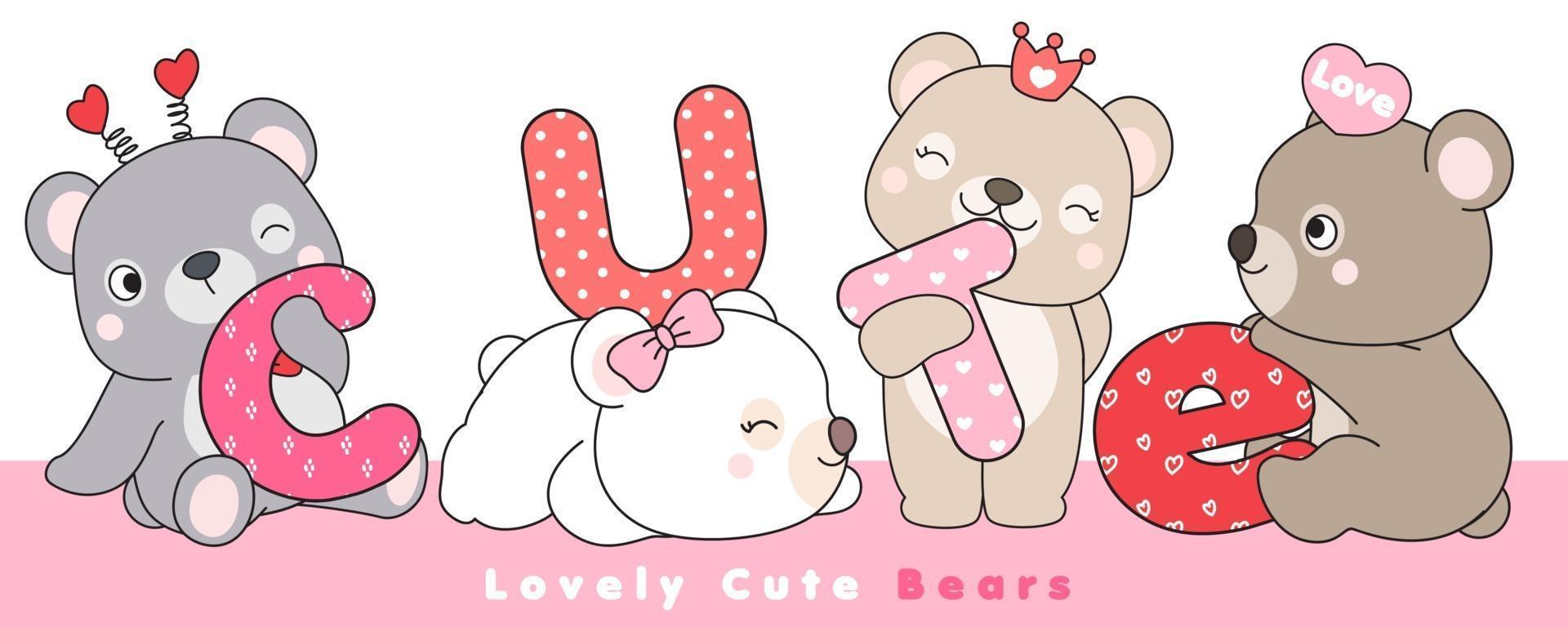 Cute doodle bears with cute alphabet illustration vector