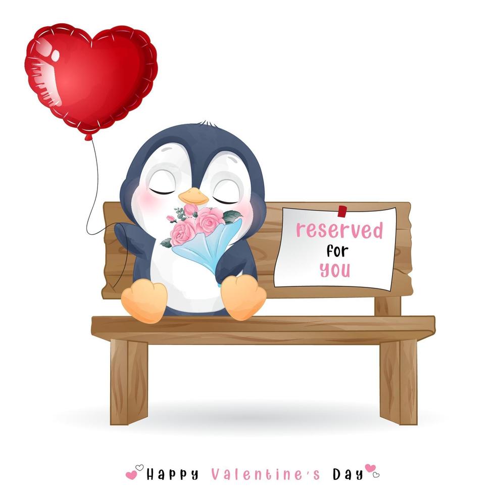 lindo pingüino doodle para el día de san valentín vector