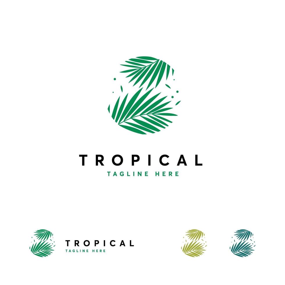 diseños de logotipos tropicales, emblema de resort y spa. cosméticos tropicales. belleza. hojas de palma en un circulo vector