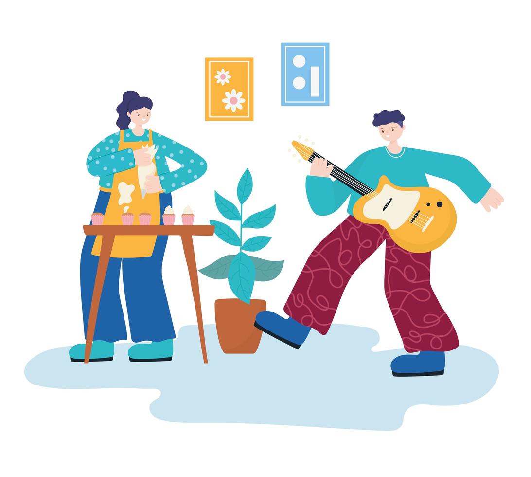 Actividades de personas, mujer horneando cupcakes y hombre tocando la guitarra. vector