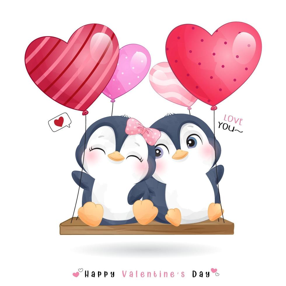 Cute doodle penguin for valentines day vector