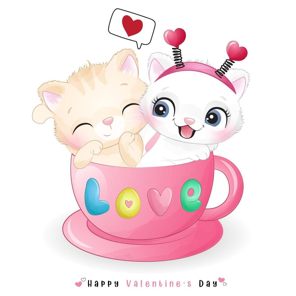 lindo gatito doodle para el día de san valentín vector