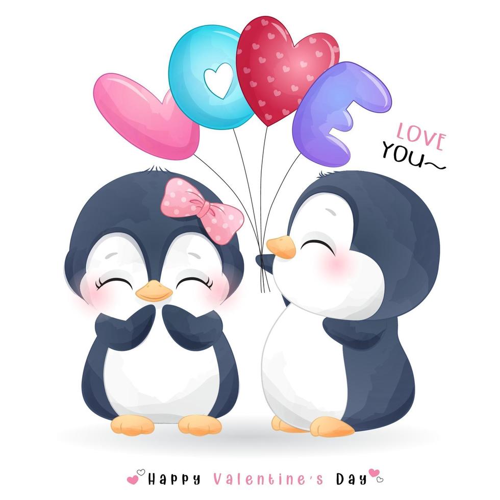 lindo pingüino doodle para el día de san valentín vector