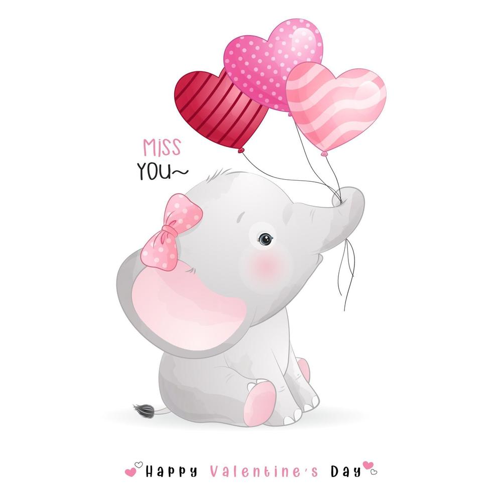 lindo elefante doodle para el día de san valentín vector