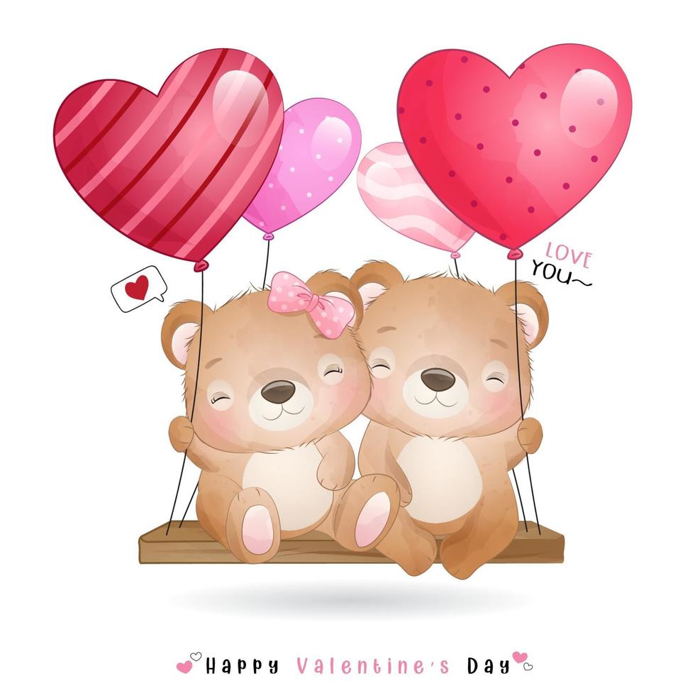Cute doodle bear for valentines day vector