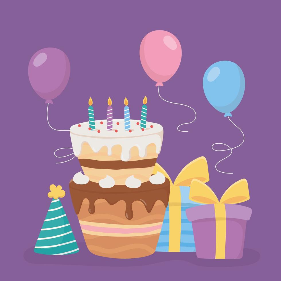 feliz cumpleaños, pastel con velas, regalos, sombrero y globos decoración celebración vector